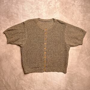 Vintage 90s Short Sleeve Button Up Cardigan Light Brown Zig Zag Crochet Knit Y2K